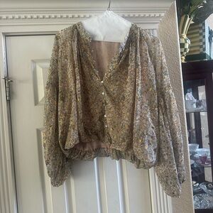 Floral Sheer Button-Front Blouse in Beige and Yellow